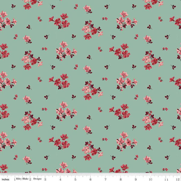 Image of Love You Always Flower Toss Sage quilting cotton fabric by Sandy Gervais for Riley Blake Designs. Features flowers on a green background. Cute Little Fabric Shop