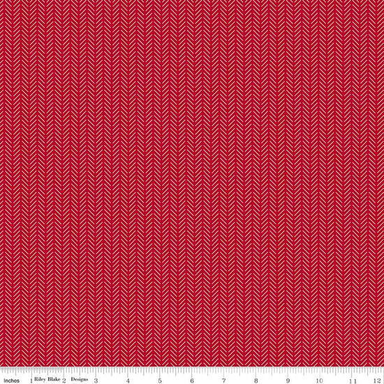 Image of Radiant Ruby Herringbone Schoolhouse quilting cotton fabric by Dani Mogstad for Riley Blake Designs. Features herringbone on a red background. Cute Little Fabric Shop
