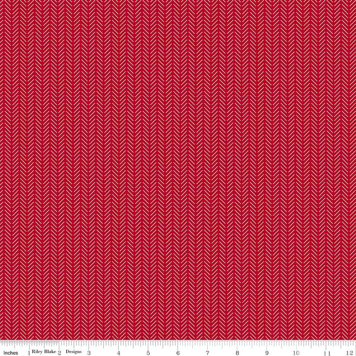 Image of Radiant Ruby Herringbone Schoolhouse quilting cotton fabric by Dani Mogstad for Riley Blake Designs. Features herringbone on a red background. Cute Little Fabric Shop