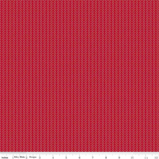 Image of Radiant Ruby Herringbone Schoolhouse quilting cotton fabric by Dani Mogstad for Riley Blake Designs. Features herringbone on a red background. Cute Little Fabric Shop