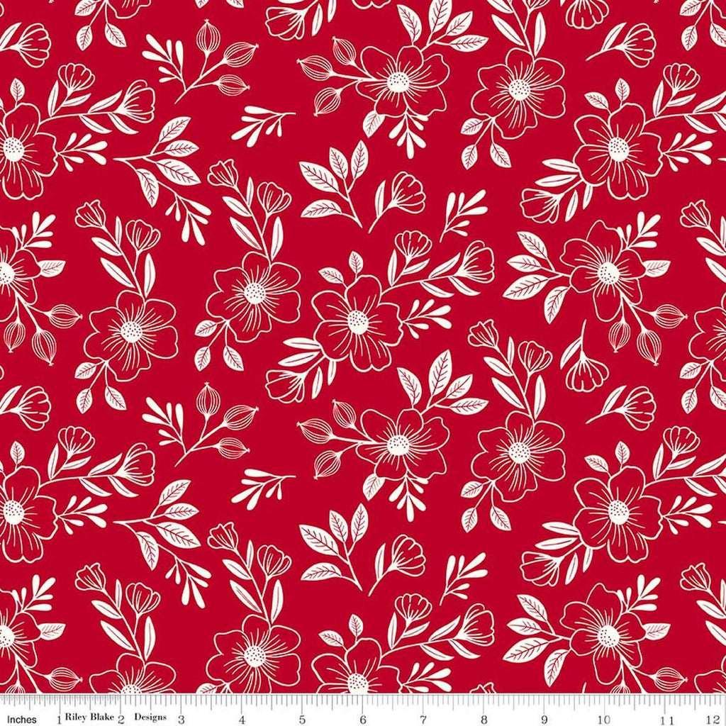 Image of Radiant Ruby Main Schoolhouse quilting cotton fabric by Dani Mogstad for Riley Blake Designs. Features flowers on a red background. Cute Little Fabric Shop