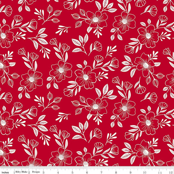 Image of Radiant Ruby Main Schoolhouse quilting cotton fabric by Dani Mogstad for Riley Blake Designs. Features flowers on a red background. Cute Little Fabric Shop