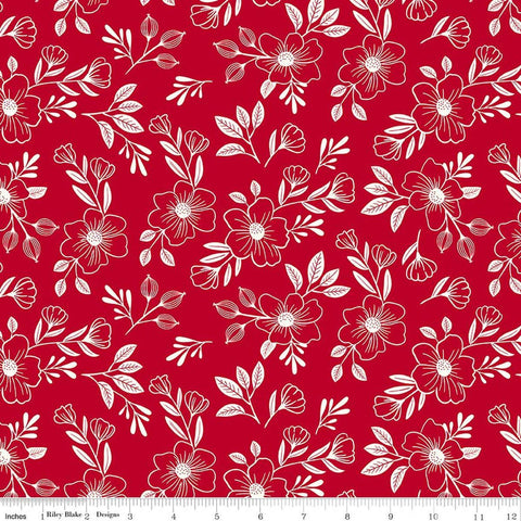 Image of Radiant Ruby Main Schoolhouse quilting cotton fabric by Dani Mogstad for Riley Blake Designs. Features flowers on a red background. Cute Little Fabric Shop