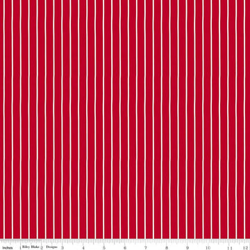 Image of Radiant Ruby Stripe Schoolhouse quilting cotton fabric by Dani Mogstad for Riley Blake Designs. Features stripes on a red background. Cute Little Fabric Shop