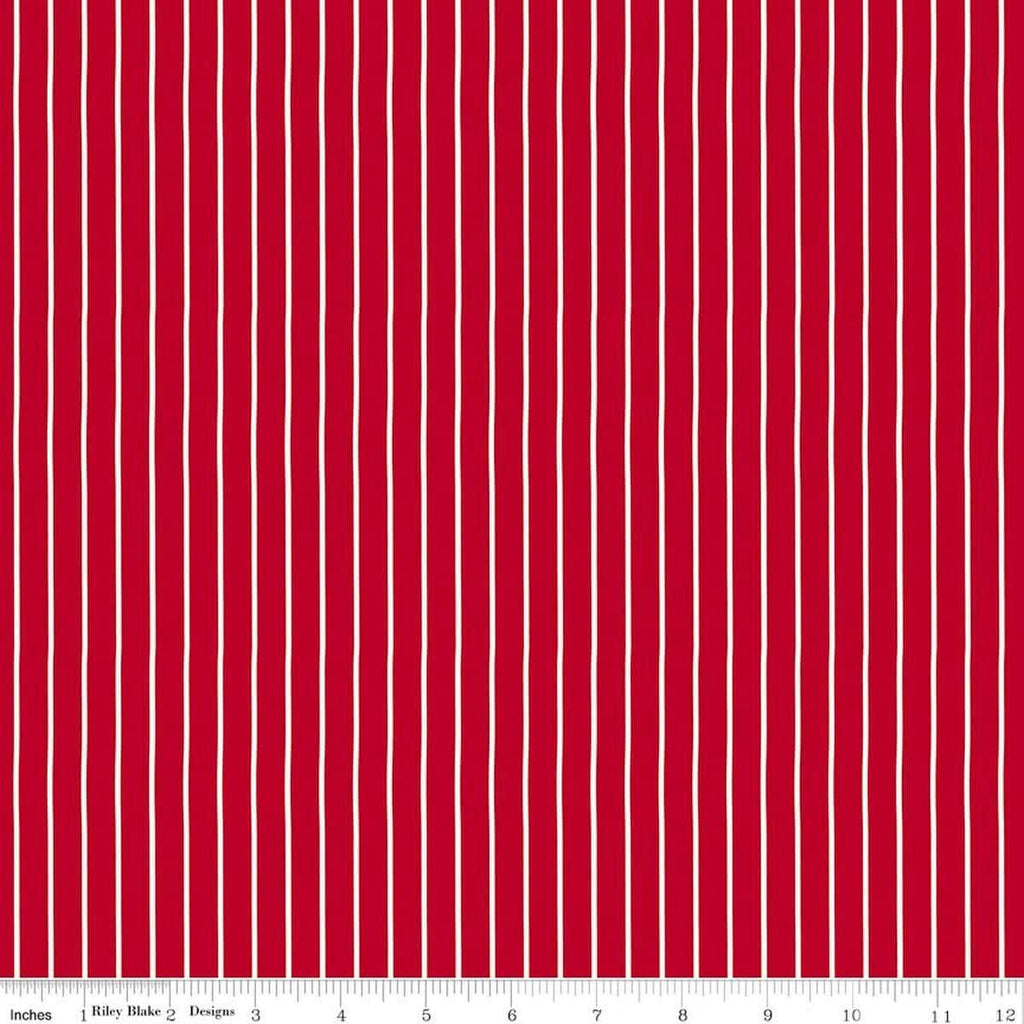 Image of Radiant Ruby Stripe Schoolhouse quilting cotton fabric by Dani Mogstad for Riley Blake Designs. Features stripes on a red background. Cute Little Fabric Shop