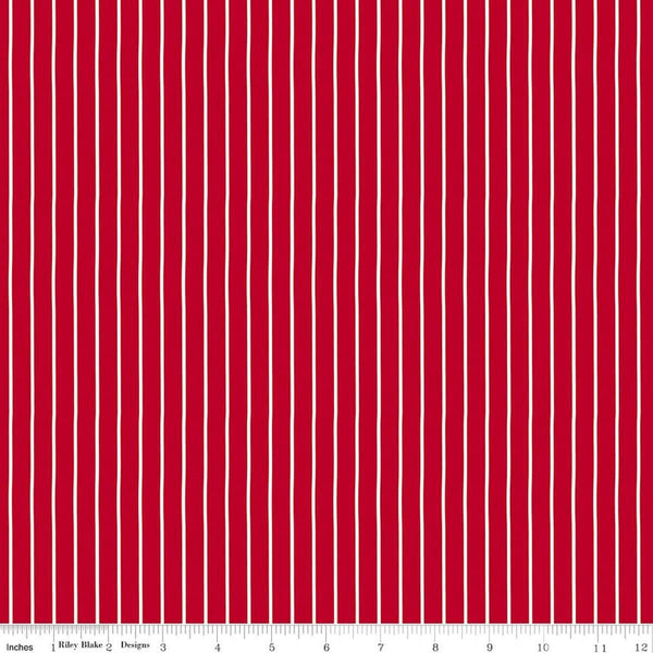 Image of Radiant Ruby Stripe Schoolhouse quilting cotton fabric by Dani Mogstad for Riley Blake Designs. Features stripes on a red background. Cute Little Fabric Shop