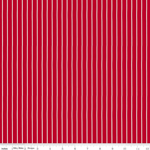 Image of Radiant Ruby Stripe Schoolhouse quilting cotton fabric by Dani Mogstad for Riley Blake Designs. Features stripes on a red background. Cute Little Fabric Shop