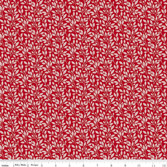 Image of Radiant Ruby Leaves Schoolhouse quilting cotton fabric by Dani Mogstad for Riley Blake Designs. Features leaves on a red background. Cute Little Fabric Shop