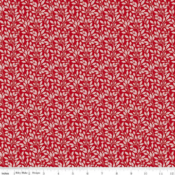 Image of Radiant Ruby Leaves Schoolhouse quilting cotton fabric by Dani Mogstad for Riley Blake Designs. Features leaves on a red background. Cute Little Fabric Shop