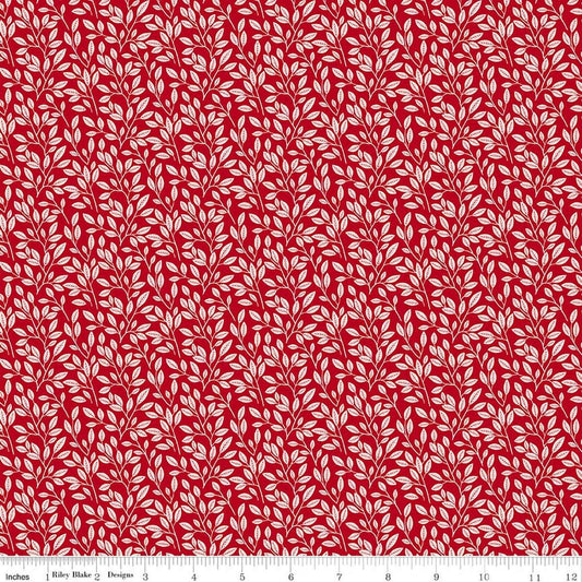Image of Radiant Ruby Leaves Schoolhouse quilting cotton fabric by Dani Mogstad for Riley Blake Designs. Features leaves on a red background. Cute Little Fabric Shop