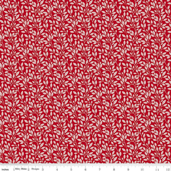 Image of Radiant Ruby Leaves Schoolhouse quilting cotton fabric by Dani Mogstad for Riley Blake Designs. Features leaves on a red background. Cute Little Fabric Shop