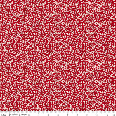 Image of Radiant Ruby Leaves Schoolhouse quilting cotton fabric by Dani Mogstad for Riley Blake Designs. Features leaves on a red background. Cute Little Fabric Shop