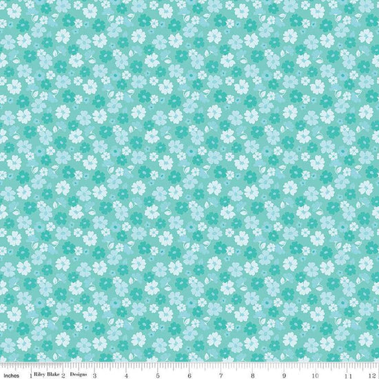 Image of Zinnias Tossed Flowers Aqua quilting cotton fabric by Lila Tueller for Riley Blake Designs. Features flowers on blue background. Cute Little Fabric Shop