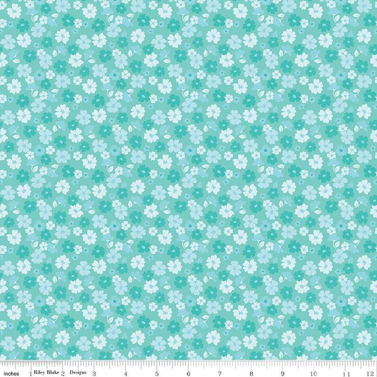 Image of Zinnias Tossed Flowers Aqua quilting cotton fabric by Lila Tueller for Riley Blake Designs. Features flowers on blue background. Cute Little Fabric Shop