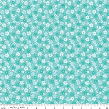 Image of Zinnias Tossed Flowers Aqua quilting cotton fabric by Lila Tueller for Riley Blake Designs. Features flowers on blue background. Cute Little Fabric Shop