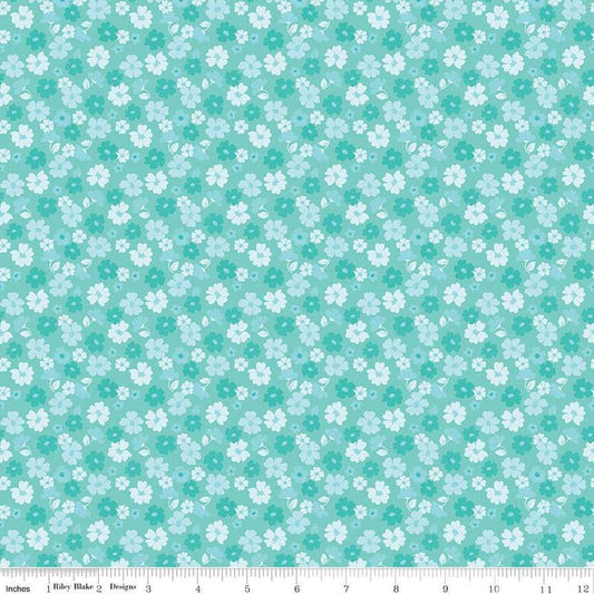 Image of Zinnias Tossed Flowers Aqua quilting cotton fabric by Lila Tueller for Riley Blake Designs. Features flowers on blue background. Cute Little Fabric Shop