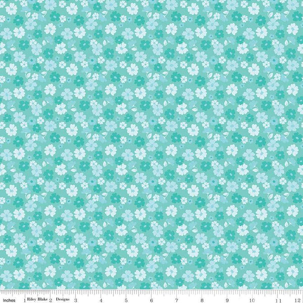 Image of Zinnias Tossed Flowers Aqua quilting cotton fabric by Lila Tueller for Riley Blake Designs. Features flowers on blue background. Cute Little Fabric Shop