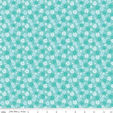 Image of Zinnias Tossed Flowers Aqua quilting cotton fabric by Lila Tueller for Riley Blake Designs. Features flowers on blue background. Cute Little Fabric Shop