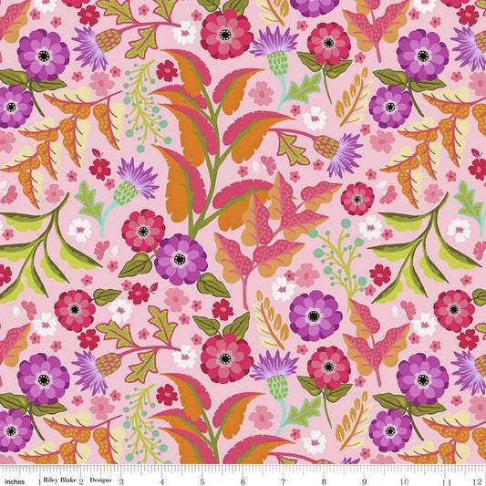 Image of Zinnias Floral Pink quilting cotton fabric by Lila Tueller for Riley Blake Designs. Features flowers on pink background. Cute Little Fabric Shop