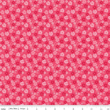 Image of Zinnias Tossed Flowers Hot Pink quilting cotton fabric by Lila Tueller for Riley Blake Designs. Features flowers on pink background. Cute Little Fabric Shop