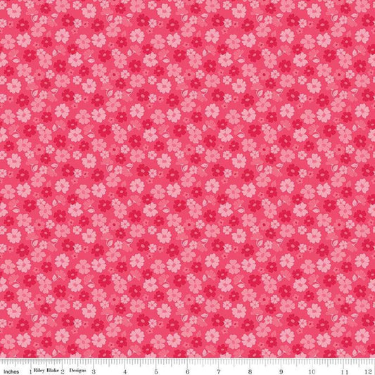 Image of Zinnias Tossed Flowers Hot Pink quilting cotton fabric by Lila Tueller for Riley Blake Designs. Features flowers on pink background. Cute Little Fabric Shop