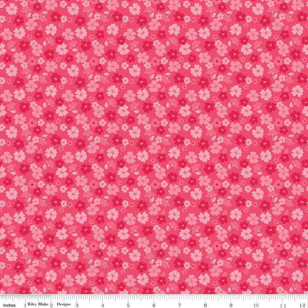 Image of Zinnias Tossed Flowers Hot Pink quilting cotton fabric by Lila Tueller for Riley Blake Designs. Features flowers on pink background. Cute Little Fabric Shop