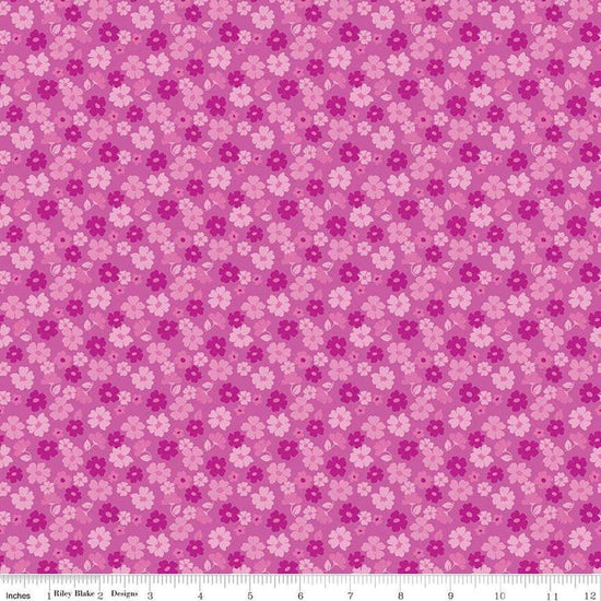 Image of Zinnias Tossed Flowers Purple quilting cotton fabric by Lila Tueller for Riley Blake Designs. Features flowers on purple background. Cute Little Fabric Shop