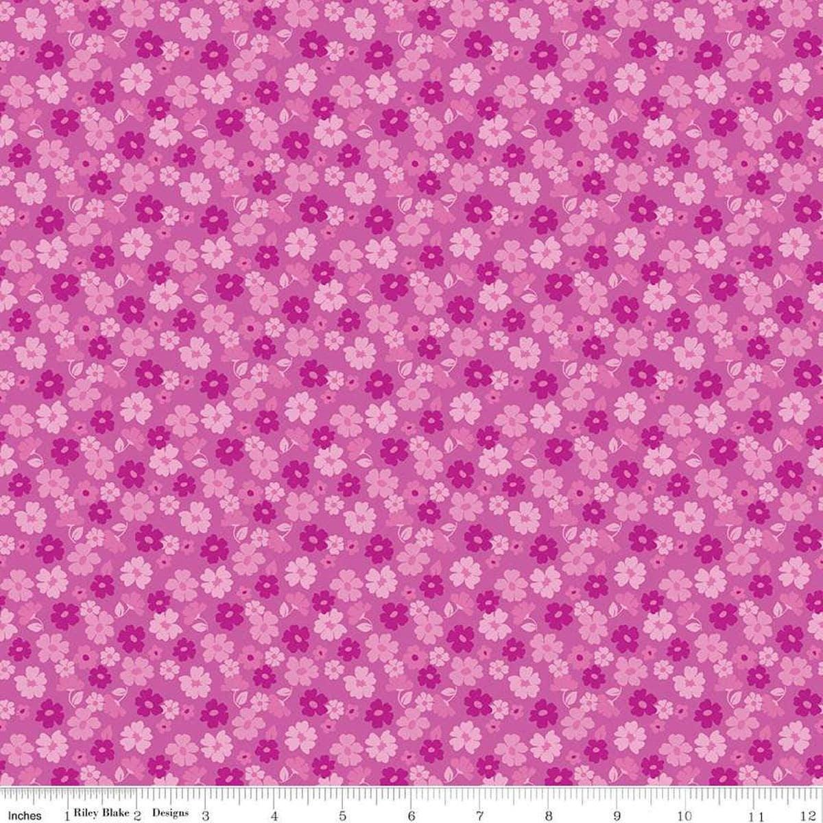Image of Zinnias Tossed Flowers Purple quilting cotton fabric by Lila Tueller for Riley Blake Designs. Features flowers on purple background. Cute Little Fabric Shop