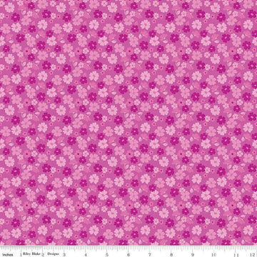 Image of Zinnias Tossed Flowers Purple quilting cotton fabric by Lila Tueller for Riley Blake Designs. Features flowers on purple background. Cute Little Fabric Shop