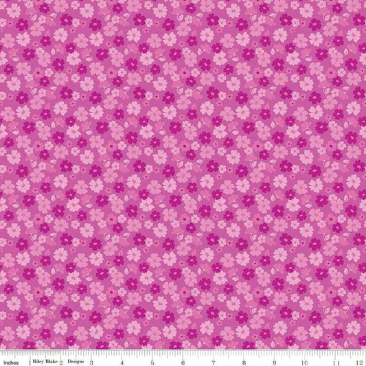 Image of Zinnias Tossed Flowers Purple quilting cotton fabric by Lila Tueller for Riley Blake Designs. Features flowers on purple background. Cute Little Fabric Shop