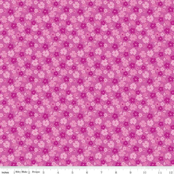 Image of Zinnias Tossed Flowers Purple quilting cotton fabric by Lila Tueller for Riley Blake Designs. Features flowers on purple background. Cute Little Fabric Shop