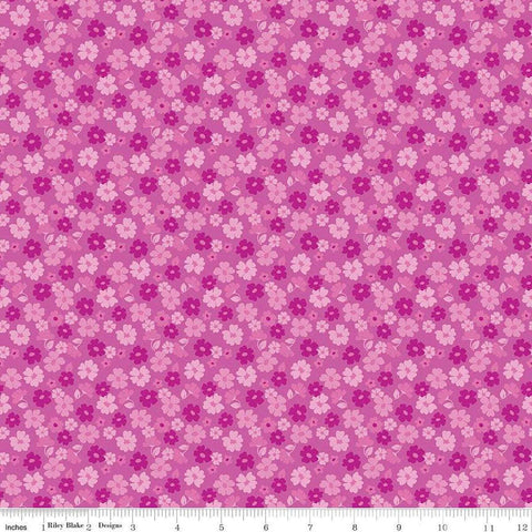 Image of Zinnias Tossed Flowers Purple quilting cotton fabric by Lila Tueller for Riley Blake Designs. Features flowers on purple background. Cute Little Fabric Shop