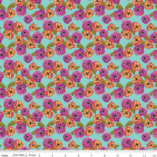 Image of Zinnias Zinnias Aqua quilting cotton fabric by Lila Tueller for Riley Blake Designs. Features flowers on blue background. Cute Little Fabric Shop
