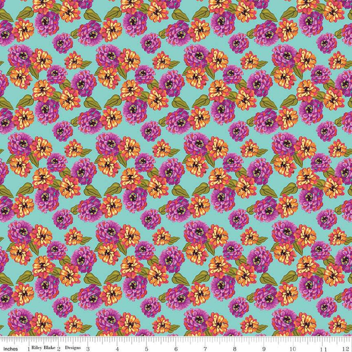 Image of Zinnias Zinnias Aqua quilting cotton fabric by Lila Tueller for Riley Blake Designs. Features flowers on blue background. Cute Little Fabric Shop