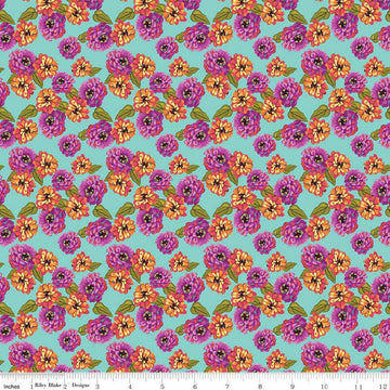 Image of Zinnias Zinnias Aqua quilting cotton fabric by Lila Tueller for Riley Blake Designs. Features flowers on blue background. Cute Little Fabric Shop