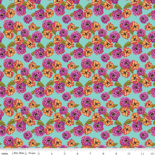 Image of Zinnias Zinnias Aqua quilting cotton fabric by Lila Tueller for Riley Blake Designs. Features flowers on blue background. Cute Little Fabric Shop
