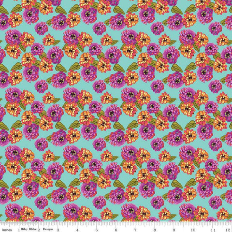 Image of Zinnias Zinnias Aqua quilting cotton fabric by Lila Tueller for Riley Blake Designs. Features flowers on blue background. Cute Little Fabric Shop