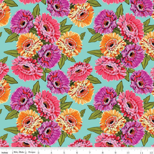 Image of Zinnias Main Aqua quilting cotton fabric by Lila Tueller for Riley Blake Designs. Features flowers on blue background. Cute Little Fabric Shop