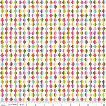 Image of Zinnias Kites White quilting cotton fabric by Lila Tueller for Riley Blake Designs. Features diamonds on white background. Cute Little Fabric Shop