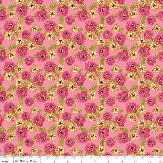 Image of Zinnias Zinnias Pink quilting cotton fabric by Lila Tueller for Riley Blake Designs. Features flowers on pink background. Cute Little Fabric Shop