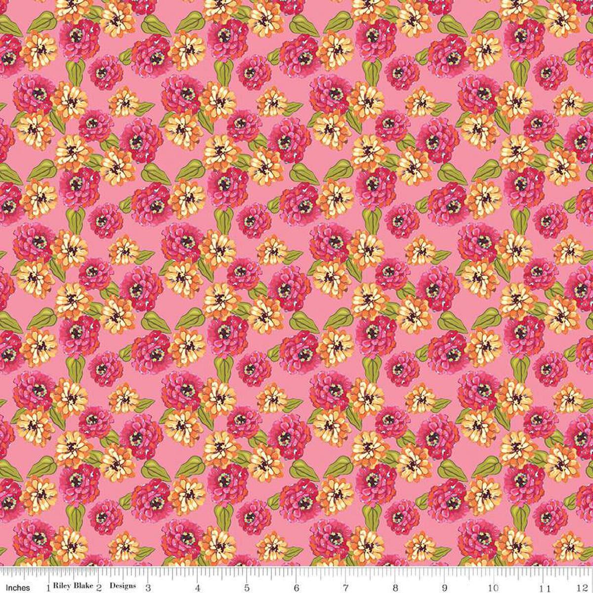 Image of Zinnias Zinnias Pink quilting cotton fabric by Lila Tueller for Riley Blake Designs. Features flowers on pink background. Cute Little Fabric Shop