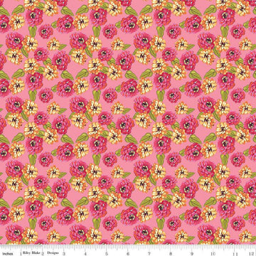 Image of Zinnias Zinnias Pink quilting cotton fabric by Lila Tueller for Riley Blake Designs. Features flowers on pink background. Cute Little Fabric Shop