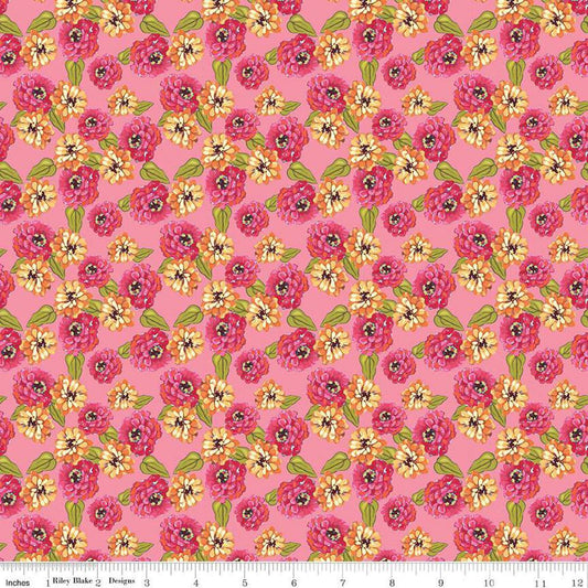 Image of Zinnias Zinnias Pink quilting cotton fabric by Lila Tueller for Riley Blake Designs. Features flowers on pink background. Cute Little Fabric Shop