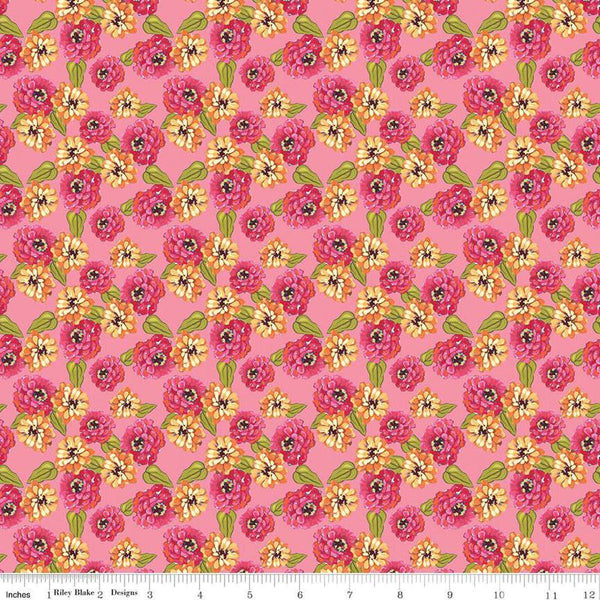 Image of Zinnias Zinnias Pink quilting cotton fabric by Lila Tueller for Riley Blake Designs. Features flowers on pink background. Cute Little Fabric Shop