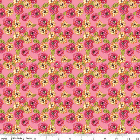 Image of Zinnias Zinnias Pink quilting cotton fabric by Lila Tueller for Riley Blake Designs. Features flowers on pink background. Cute Little Fabric Shop