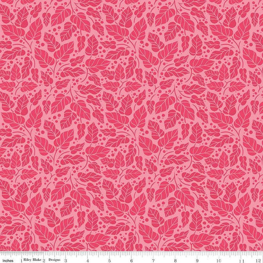 Image of Zinnias Zinnia Leaves Pink quilting cotton fabric by Lila Tueller for Riley Blake Designs. Features leaves on pink background. Cute Little Fabric Shop