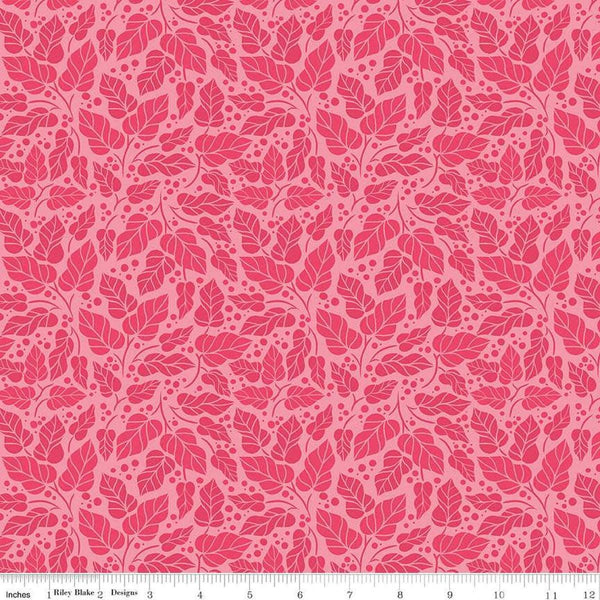 Image of Zinnias Zinnia Leaves Pink quilting cotton fabric by Lila Tueller for Riley Blake Designs. Features leaves on pink background. Cute Little Fabric Shop