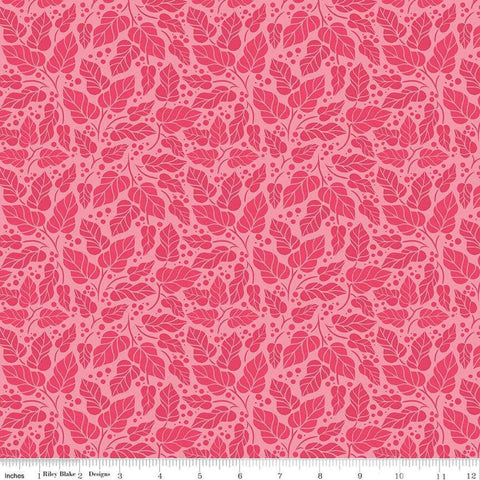 Image of Zinnias Zinnia Leaves Pink quilting cotton fabric by Lila Tueller for Riley Blake Designs. Features leaves on pink background. Cute Little Fabric Shop