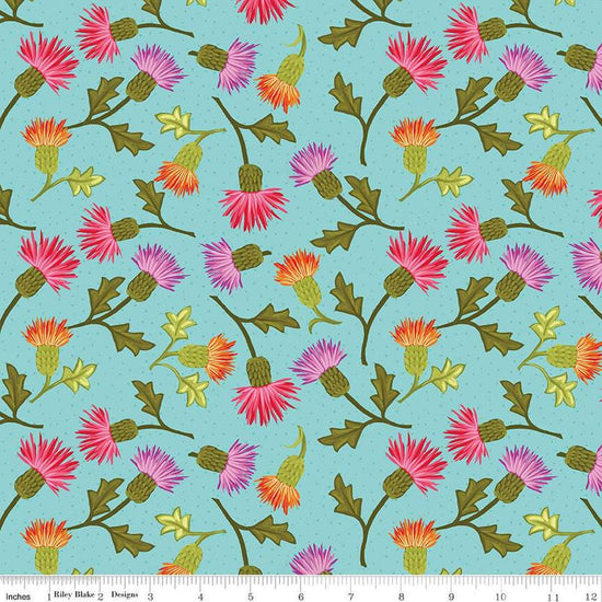 Image of Zinnias Thistles Aqua quilting cotton fabric by Lila Tueller for Riley Blake Designs. Features flowers on blue background. Cute Little Fabric Shop