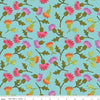 Image of Zinnias Thistles Aqua quilting cotton fabric by Lila Tueller for Riley Blake Designs. Features flowers on blue background. Cute Little Fabric Shop